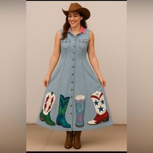 Denim Sleeveless Dress with Hand Painted Cowboy Boot UNIQUE one of a kind
